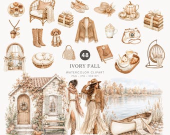 Paquete de imágenes prediseñadas de otoño en acuarela, gráficos neutros de otoño, PNG boho acogedor (descarga digital) - 565