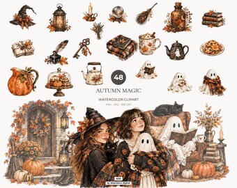 Clipart di Halloween ad acquerello, clipart di streghe, fantasmi accoglienti, pacchetto di clipart autunnali in formato PNG - 639