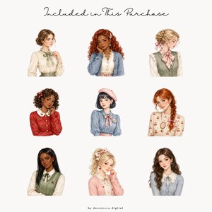 May include: A collection of nine digital illustrations featuring diverse characters in various outfits, including blouses, cardigans, and vests with bows, cherries, and berets. The text "Included in This Purchase" and "by destrecco digital" is visible.