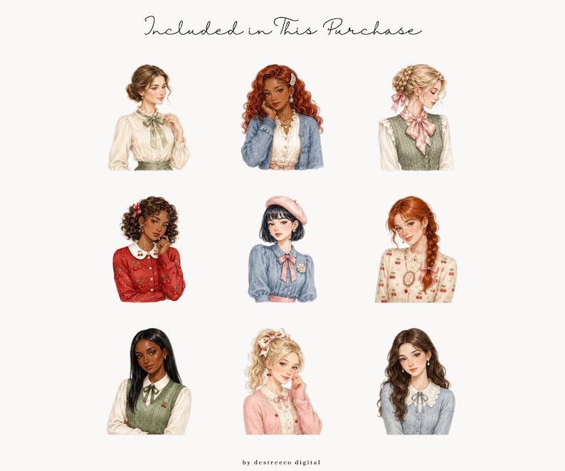 May include: A collection of nine digital illustrations featuring diverse characters in various outfits, including blouses, cardigans, and vests with bows, cherries, and berets. The text "Included in This Purchase" and "by destrecco digital" is visible.