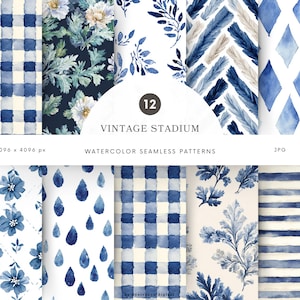 May include: A collection of 12 watercolor seamless patterns in shades of blue and white. The patterns include floral, geometric, and abstract designs. The text "VINTAGE STADIUM" is displayed in the center of the image.