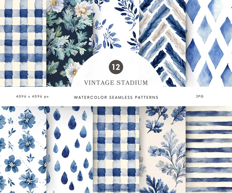 May include: A collection of 12 watercolor seamless patterns in shades of blue and white. The patterns include floral, geometric, and abstract designs. The text "VINTAGE STADIUM" is displayed in the center of the image.