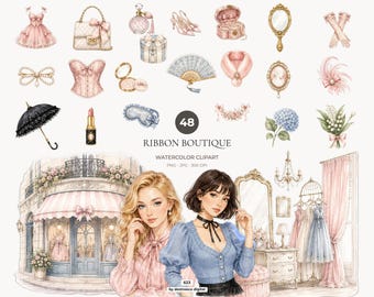 Pacchetto di clipart Coquette, moda ad acquerello PNG, grafica con fiocco rosa, boutique vintage, download digitale