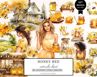 Watercolor Honey Bee Clipart, Honey Girl Clipart, Spring Clipart, Honey Jar Png, Floral Png, Cottagecore Clipart, Honey Flowers Clipart