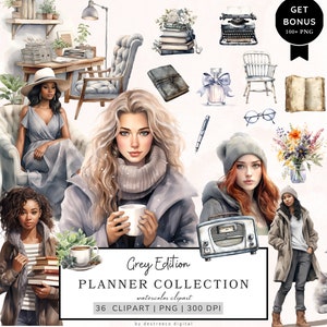 Aquarel planner clipart, grijze planning meisje clipart, planner minnaar clipart, Journal esthetische png, baas meisje png, gezellige planner clipart