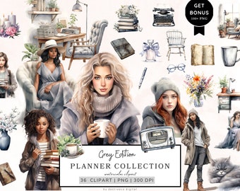 Watercolor Planner Clipart, Grey Planning Girl Clipart, Planner Lover Clipart, Journal Aesthetic Png, Boss Girl Png, Cozy Planner Clipart