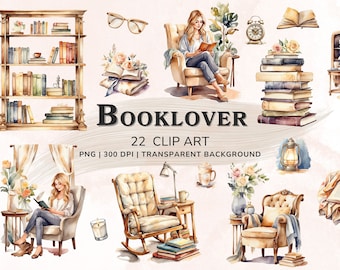 Boek minnaar aquarel clipart, mooi meisje clipart, PNG boeken clipart set, boekenplank, vintage boeken clipart, digitale download