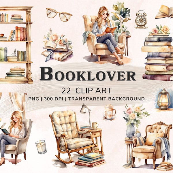 Book Lover Watercolor Clipart, Pretty Girl Clipart, PNG Books Clipart Set, Bookshelf, Vintage Books Clipart, Digital Download