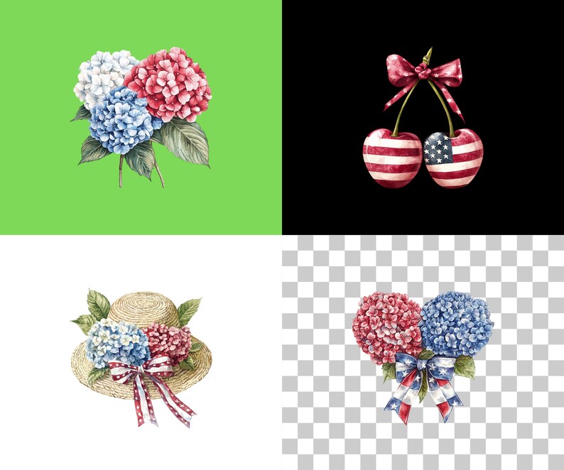 Watercolor Patriotic Summer Floral Bundle Png, 4th of July Day Png ...