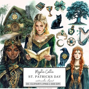 K&ouml;nnte beinhalten: Ein Set mit 36 digitalen Aquarell-Clipart-Bildern mit keltischem Thema in Gr&uuml;n-, Gold- und Blaut&ouml;nen. Die Bilder beinhalten ein H&auml;uschen, eine Harfe, einen Raben, eine Krone, einen Schl&uuml;ssel, ein Buch, eine Zaubertrankflasche, ein Kleeblatt, eine schwarze Katze, eine Frau mit langen blonden Haaren, eine Frau mit langen schwarzen Haaren und eine Frau mit langen roten Haaren. Die Bilder sind perfekt f&uuml;r die Erstellung von Bastelarbeiten, Einladungen und anderen Projekten zum St. Patrick's Day.