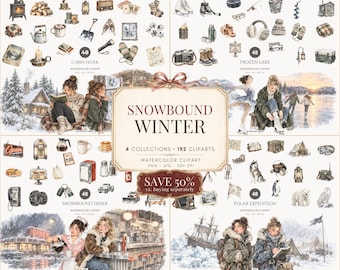 Winter Clipart Bundle, Watercolor Winter PNG, Cozy Cabin Arctic Graphics, Digital Download