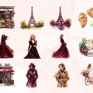 May include: A digital illustration set featuring watercolor paintings of Parisian scenes, including the Eiffel Tower, a cafe, and women in red dresses. The set also includes images of croissants, cheese, grapes, and wine.