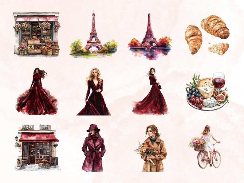 May include: A digital illustration set featuring watercolor paintings of Parisian scenes, including the Eiffel Tower, a cafe, and women in red dresses. The set also includes images of croissants, cheese, grapes, and wine.