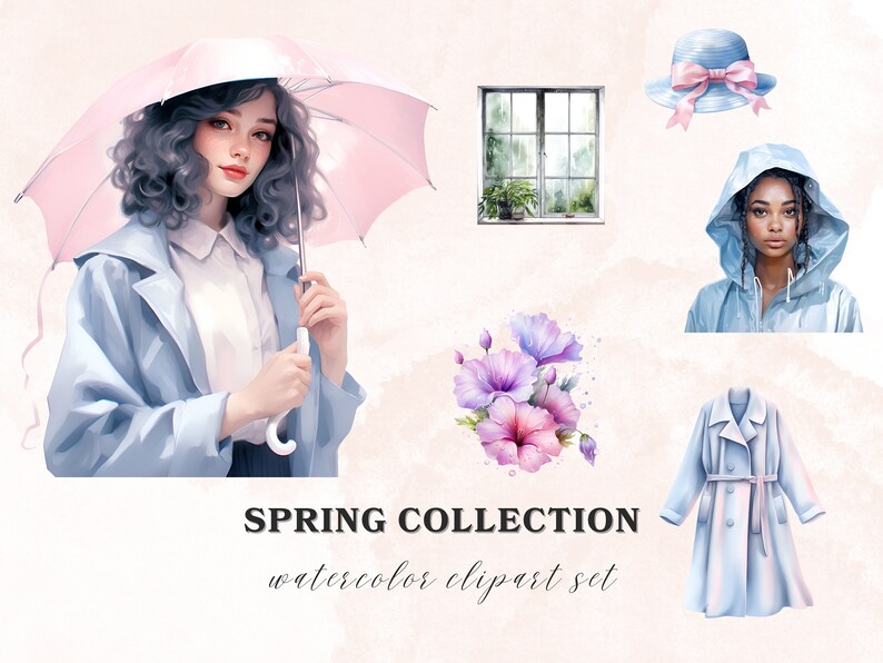 May include: A watercolor clipart set featuring a woman with a pink umbrella, a window with rain, a blue raincoat, a hat with a pink bow, a bouquet of flowers, and a blue trench coat. The text "SPRING COLLECTION watercolor clipart set" is at the bottom of the image.