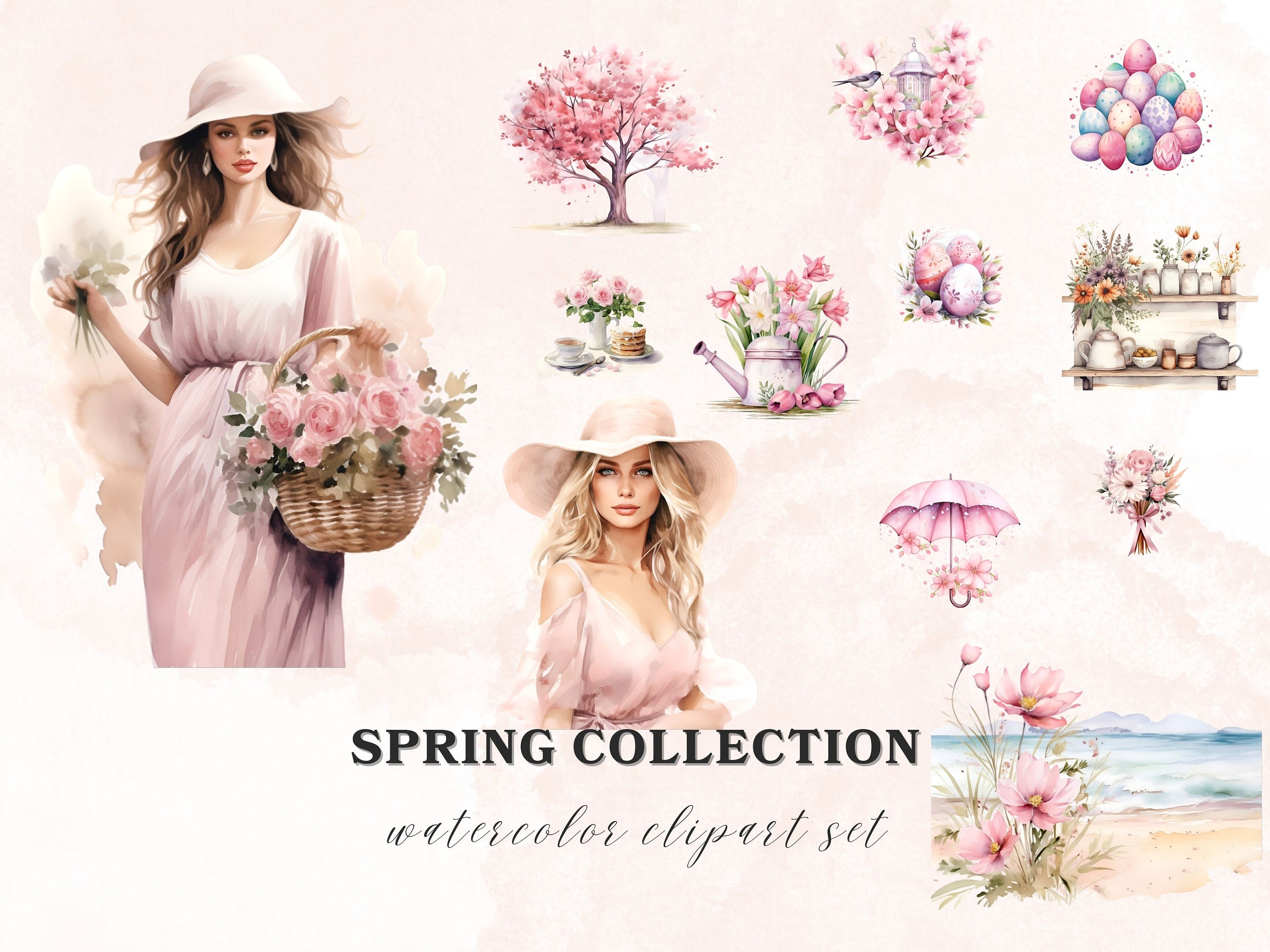 Watercolor Spring Clipart, Pink Spring Gardening Clipart Bundle, Png ...