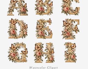 Vintage Butterfly Alphabet Clipart, Floral Monogram Letters, 26 Letter PNG Set - 658