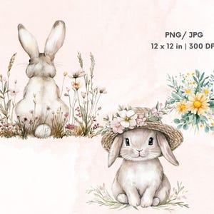 May include: Two watercolor illustrations of bunnies in a field of flowers. One bunny is sitting with a flower crown and straw hat, the other is facing away from the viewer. Both bunnies are white with gray accents.