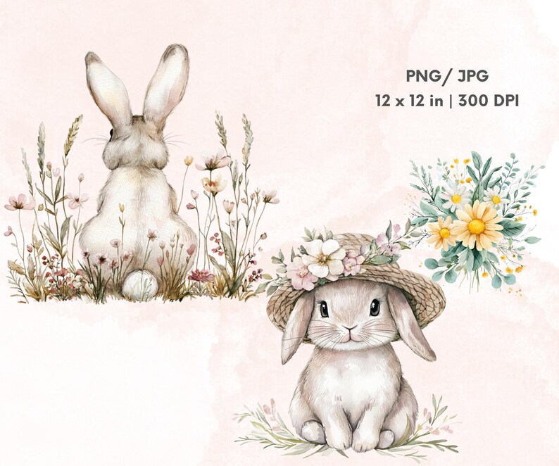 May include: Two watercolor illustrations of bunnies in a field of flowers. One bunny is sitting with a flower crown and straw hat, the other is facing away from the viewer. Both bunnies are white with gray accents.