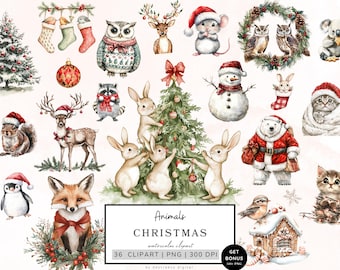 May include: A set of 36 watercolor Christmas clipart images featuring various animals, including a fox, owl, deer, penguin, rabbit, cat, and a snowman. The images are perfect for creating festive cards, invitations, and other crafts.