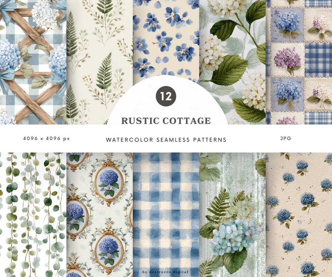 Watercolor Rustic Cottage Seamless Patterns, Rustic Pattern, Hydrangea ...