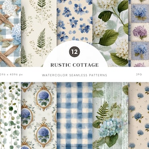 May include: A collection of 12 watercolor seamless patterns with a rustic cottage theme. The patterns feature floral designs, including hydrangeas and ferns, in shades of blue, green, and white. Some patterns have a gingham or plaid design. The text "RUSTIC COTTAGE" is visible.