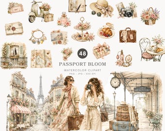 Imágenes prediseñadas de viajes en acuarela, pasaporte florecido PNG, gráficos de vacaciones europeas vintage, imágenes prediseñadas de estilo cottagecore de París, descarga digital - 559