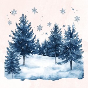 May include: Watercolor painting of a winter landscape with blue evergreen trees and falling snowflakes. The trees are set against a snowy hill and a soft pink background, creating a serene winter scene.