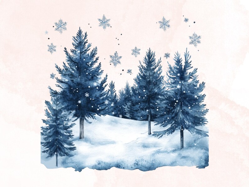 May include: Watercolor painting of a winter landscape with blue evergreen trees and falling snowflakes. The trees are set against a snowy hill and a soft pink background, creating a serene winter scene.