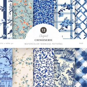Motifs chinois sans couture bleus, élégant papier numérique floral, motifs vintage, motif répétitif, papier de scrapbooking, téléchargement numérique