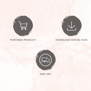 May include: Three dark gray circular icons on a light pink watercolor background. The icons represent a shopping cart with the text "PURCHASE PRODUCT", a downward arrow with the text "DOWNLOAD DIGITAL FILES", and a computer, tablet, and phone with the text "AND USE!"