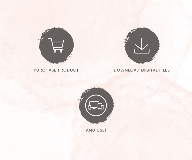 May include: Three dark gray circular icons on a light pink watercolor background. The icons represent a shopping cart with the text "PURCHASE PRODUCT", a downward arrow with the text "DOWNLOAD DIGITAL FILES", and a computer, tablet, and phone with the text "AND USE!"