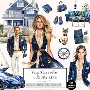 Clipart di vita di lusso, grafica di pianificatore blu navy, clipart di stile di vita, estetica accogliente png, grafica vintage, download digitale di cottagecore png