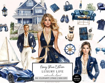 May include: A watercolor clipart set featuring a navy blue and white color scheme. The set includes a house, a sailboat, a car, a woman in a dress, a man in a suit, a cat, a couch, a lamp, a steering wheel, a book, a pair of binoculars, a bottle of champagne, a watch, a pen, a pair of sunglasses, and a pair of shoes. The set is titled "Navy Blue Edition Luxury Life".