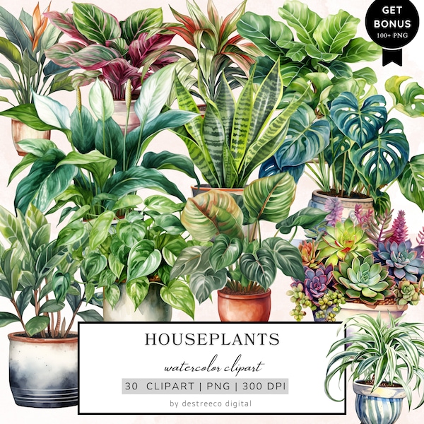 Watercolor Houseplants Clipart, Potted Plants Clipart, Botanical Clipart, Garden Clipart Png, Junk Journal, Mixed Media, Digital Download