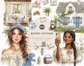 Watercolor Rustic Cottage Clipart, Cottagecore Png, French Country Aesthetics, Vintage Clipart, Cozy Cottage Graphics, Digital Download