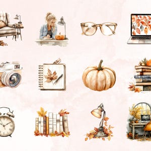 May include: A watercolour illustration set featuring autumnal elements, including a pumpkin, a camera, a notebook, a lamp, a stack of books, a chair, a laptop, and an alarm clock. The illustrations are in shades of brown, orange, and yellow.
