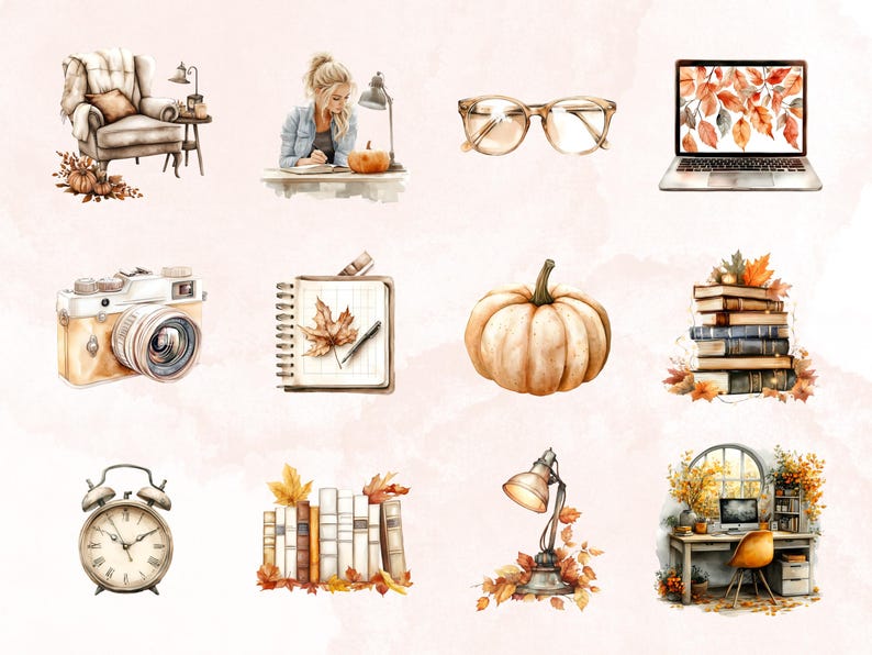 May include: A watercolour illustration set featuring autumnal elements, including a pumpkin, a camera, a notebook, a lamp, a stack of books, a chair, a laptop, and an alarm clock. The illustrations are in shades of brown, orange, and yellow.