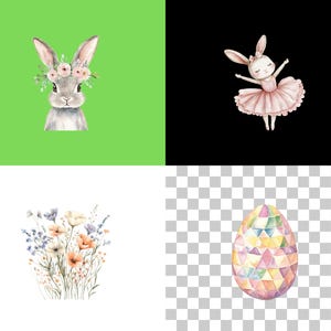 May include: A watercolor illustration of a bunny wearing a flower crown, a bunny in a pink tutu, and a colorful Easter egg.