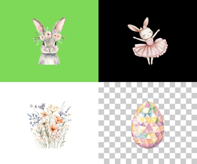 May include: A watercolor illustration of a bunny wearing a flower crown, a bunny in a pink tutu, and a colorful Easter egg.