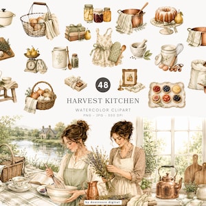 Op de afbeelding: Een verzameling aquarelillustraties met keukengerei zoals koperen potten, manden met producten, potten, een houten snijplank, een taart en twee personen in schorten die koken in een landelijke omgeving met de tekst Harvest Kitchen.