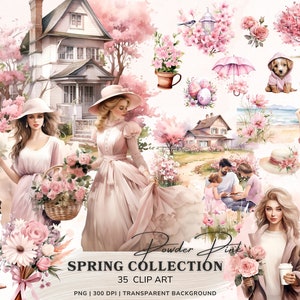 Imágenes prediseñadas de primavera de acuarela, paquete de imágenes prediseñadas de jardinería de primavera rosa, gráficos de primavera png, png floral de primavera, chica de acuarela, pegatinas digitales