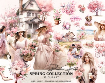 Watercolor Spring Clipart, Pink Spring Gardening Clipart Bundle, Png Spring Graphics, Spring Floral Png, Watercolor Girl, Digital Stickers