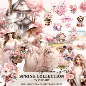 May include: A digital illustration of a spring-themed collection of clip art. The image features a pastel pink color scheme and includes images of flowers, houses, people, and a dog. The text "Powder Pink Spring Collection 35 Clip Art PNG | 300 DPI | Transparent Background" is included in the image.
