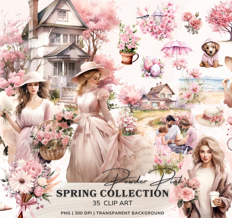 May include: A digital illustration of a spring-themed collection of clip art. The image features a pastel pink color scheme and includes images of flowers, houses, people, and a dog. The text "Powder Pink Spring Collection 35 Clip Art PNG | 300 DPI | Transparent Background" is included in the image.