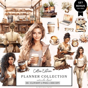 Watercolor Planner Girl Clipart, Planning Coffee Clipart, Coffee Lover Clipart, Journal Aesthetic Png, Girl Boss Png, Cozy Planner Clipart