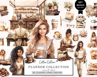 Watercolor Planner Girl Clipart, Planning Coffee Clipart, Coffee Lover Clipart, Journal Aesthetic Png, Girl Boss Png, Cozy Planner Clipart