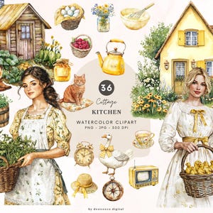 Clipart aquarelle cuisine cottage, Cottagecore Clipart, Clipart rustique, graphisme cottage confortable, Pngs esthétiques vintage, téléchargement numérique