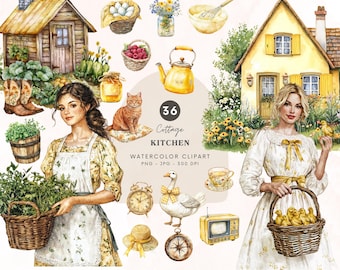 Watercolor Cottage Kitchen Clipart, Cottagecore Clipart, Rustic Clipart, Cozy Cottage Graphics, Vintage Aesthetic Pngs, Digital Download