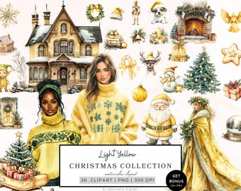 Pacchetto Clipart Natalizio, Edizione Gialla, Babbo Natale Png, Grafica Natalizia Invernale Accogliente, Albero Di Natale Png, Cottagecore, Uso Commerciale