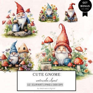 Watercolor Gnome Clipart, Spring Gnome Png, Cute Gnome Bundle, Garden Gnome Clipart, Card Making, Mixed Media, Scrapbook, Digital Download